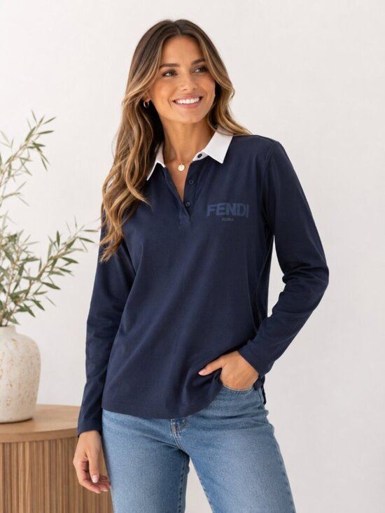 Fendi Tops - Fendi Long Sleeve Cotton Polo Shirt Blue contrast White Collar Fendi Logo